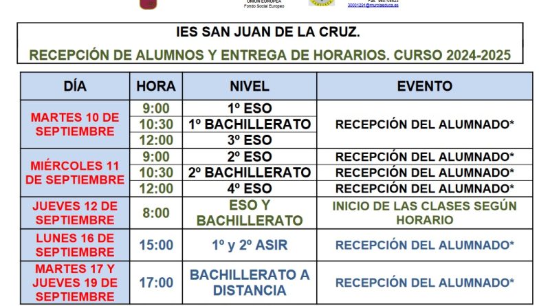 calendario de recepción de alumnos. curso 2024-2025